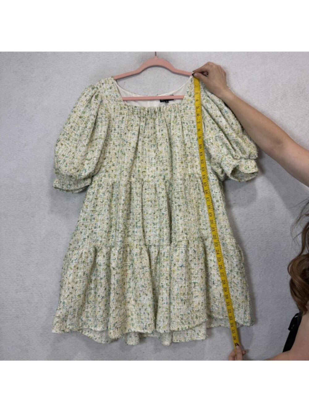Sister Jane Dress Womens Large Green Tweed Puff Sleeve Trapeze Swing Mini - Picture 4 of 9